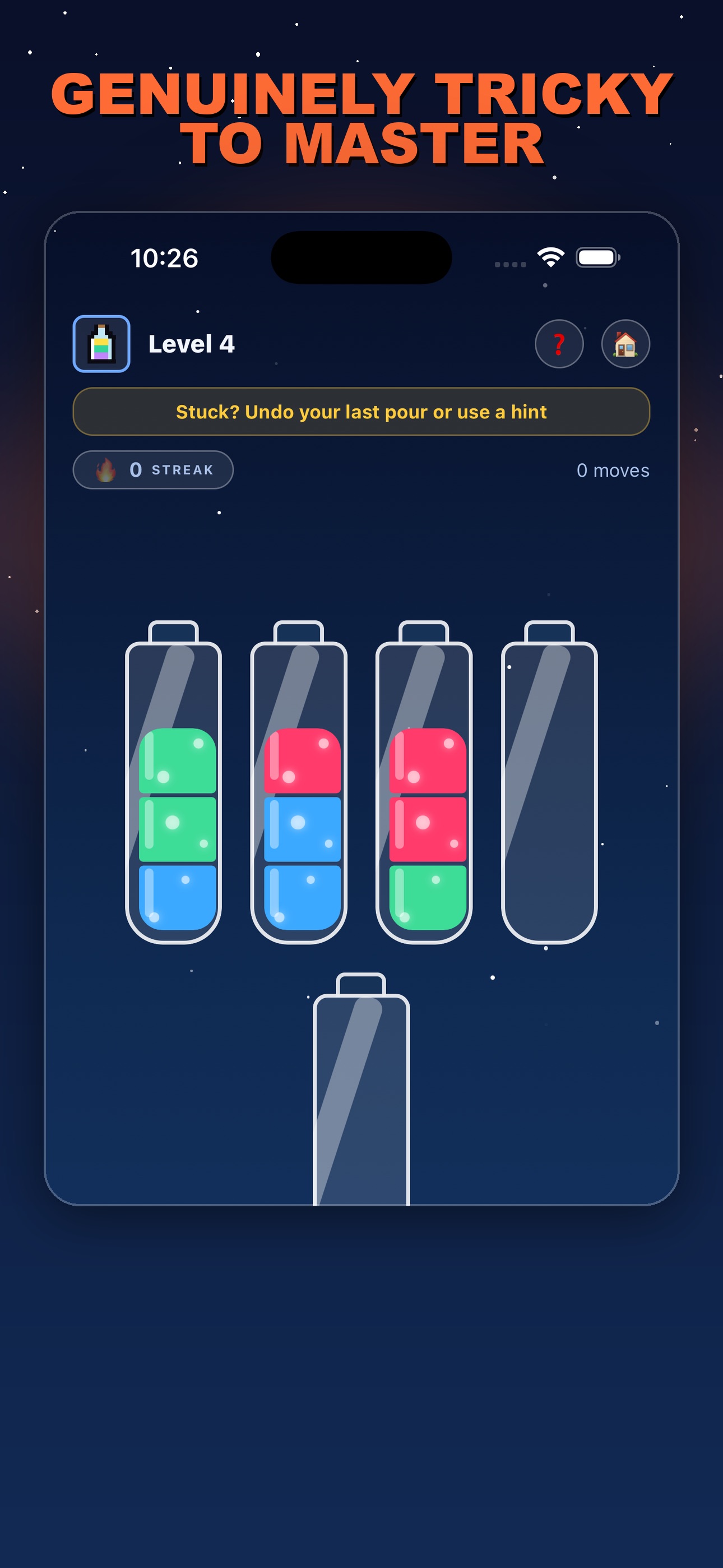 Water Sort gameplay with colorful glowing bottles